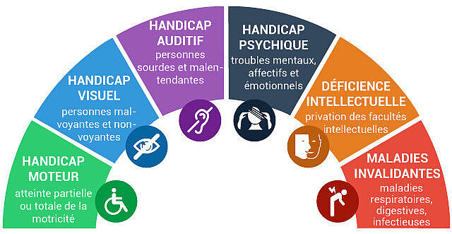 Descriptif des différents types de handicap : moteur, visuel, auditif, spychique, déficience intellectuelle, maladies invalidantes 